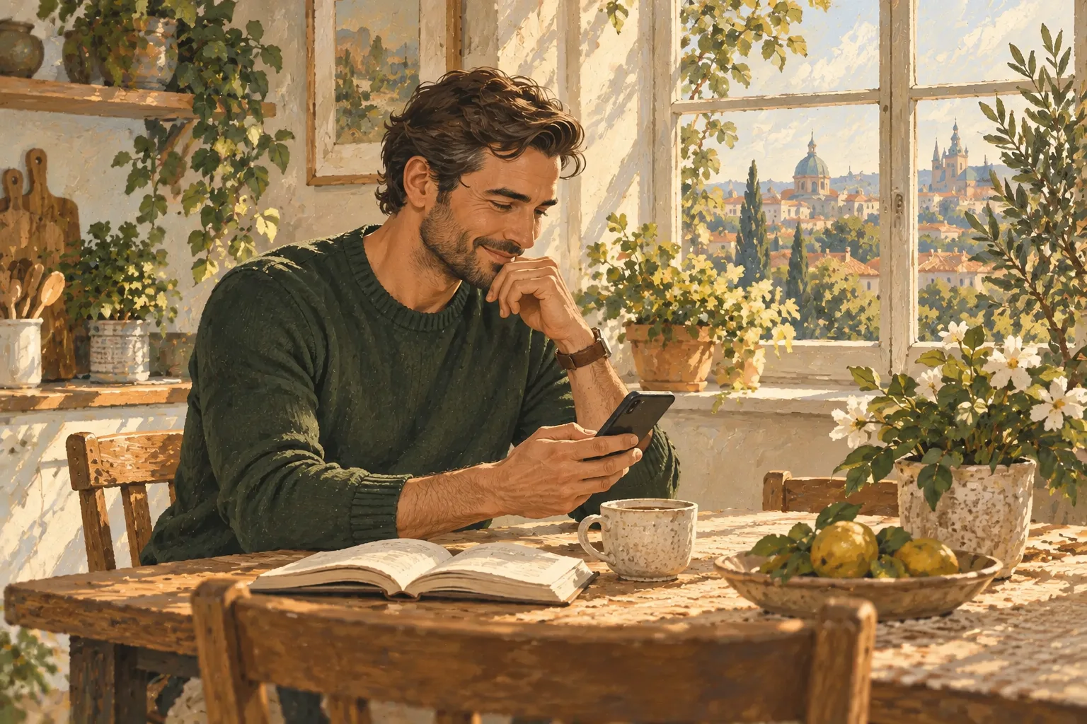 Ilustracja mężczyzny piszącego spokojną pierwszą wiadomość przy kuchennym stole