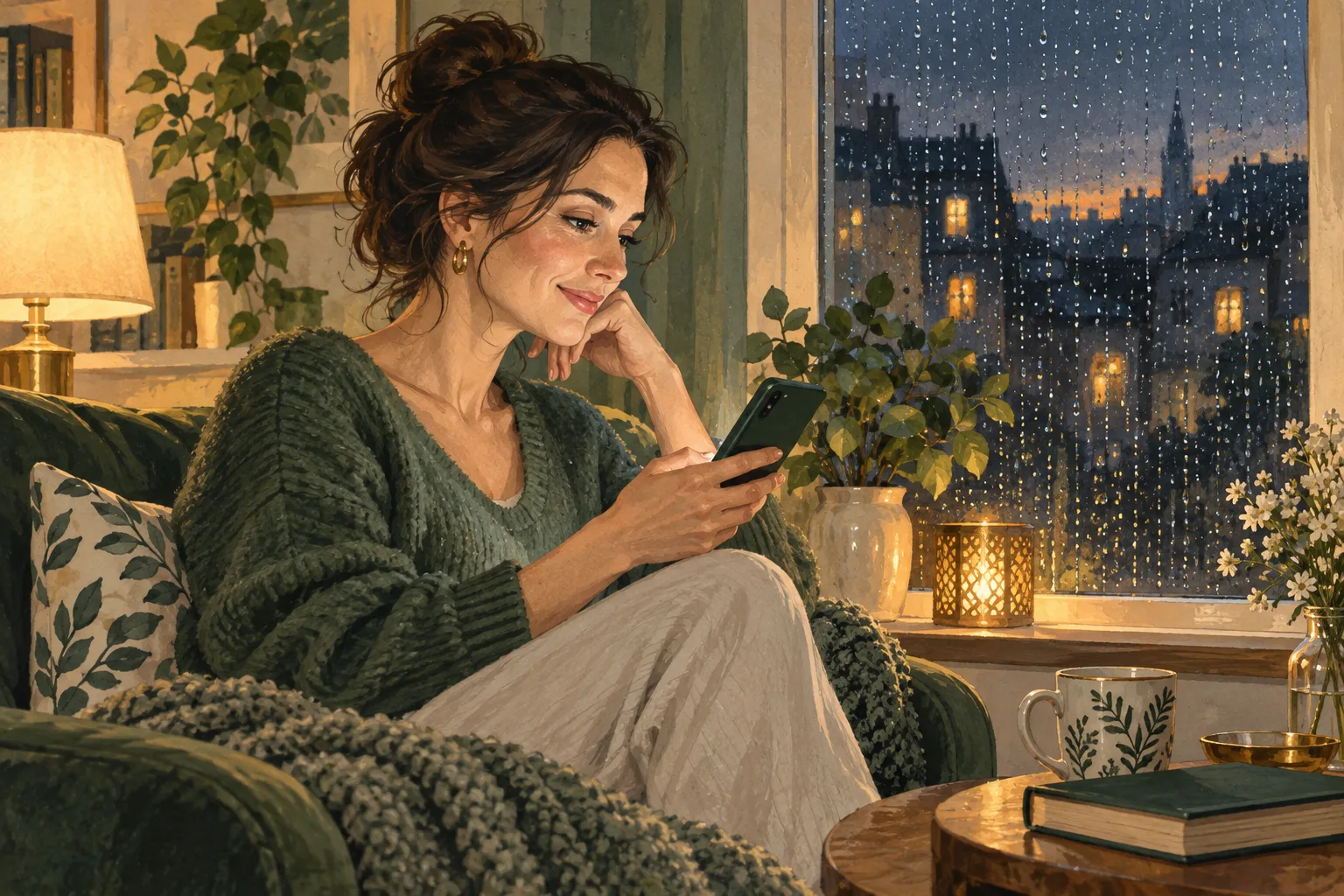 Ilustracja kobiety wracającej do rozmowy na telefonie przy oknie