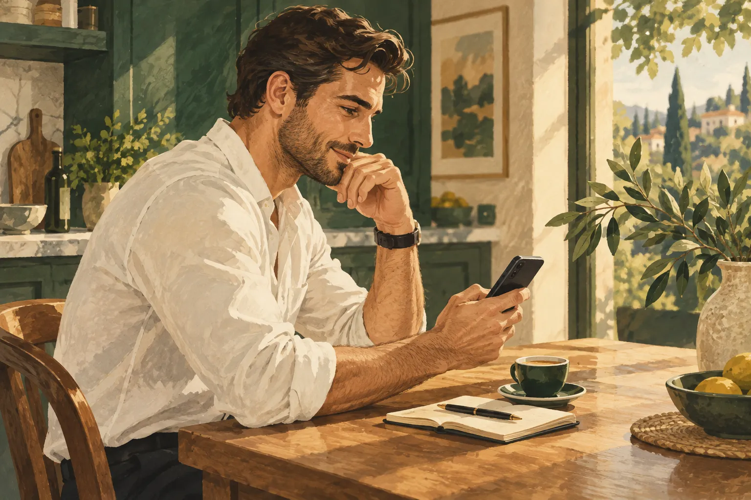 Ilustracja mężczyzny układającego pierwszą wiadomość przy kuchennym stole