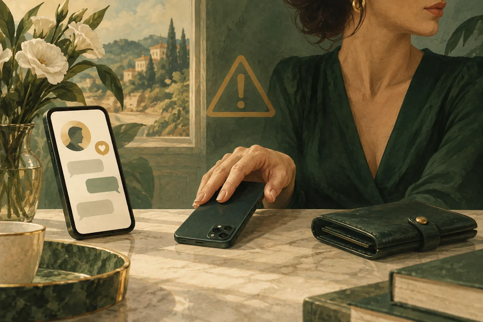 Ilustracja przerwania podejrzanej rozmowy: telefon, portfel i znak ostrzegawczy